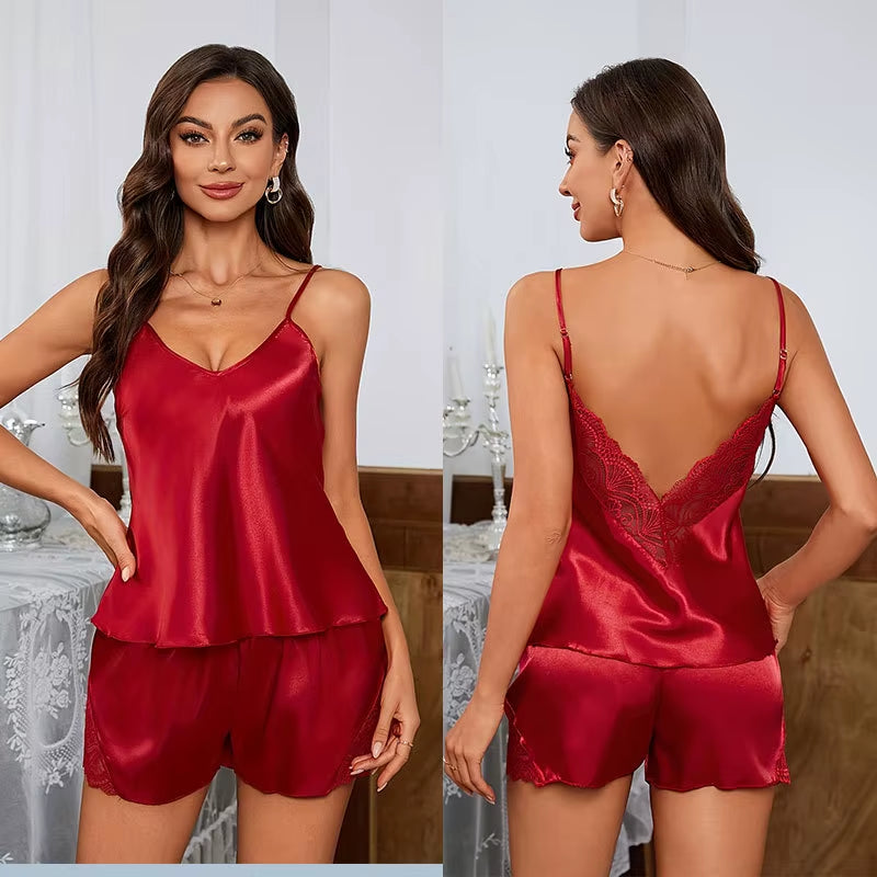 Sexy Backless Deep V Lace Luxury Summer Sleepwear Set Soft Satin Pajamas Set for Women Comfortable Short Sleeve Cami & Shorts