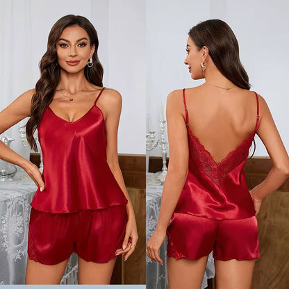Sexy Backless Deep V Lace Luxury Summer Sleepwear Set Soft Satin Pajamas Set for Women Comfortable Short Sleeve Cami & Shorts