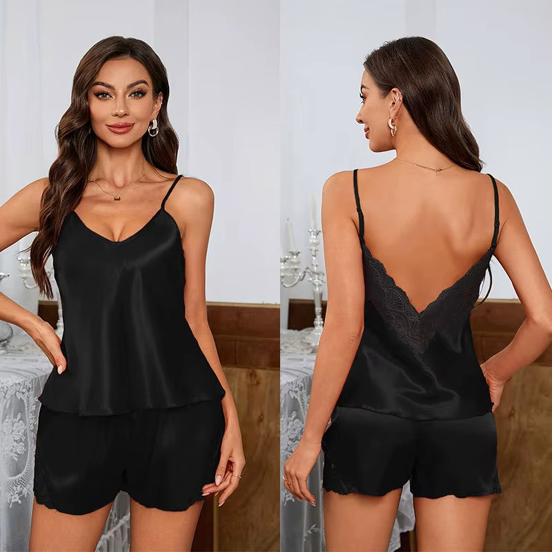 Sexy Backless Deep V Lace Luxury Summer Sleepwear Set Soft Satin Pajamas Set for Women Comfortable Short Sleeve Cami & Shorts